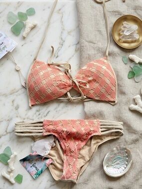 Luli Fama Crochet Bikini Set – Size XS | Gold & Coral Luxe Resort Swim Festival